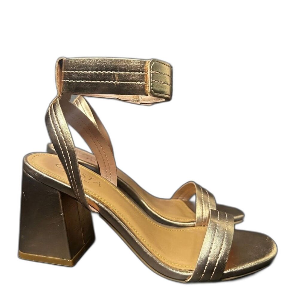 Linea Paolo Block Heel Sandal 5.5 Ankle Wrap Elegant Metallic Rose Gold Eden